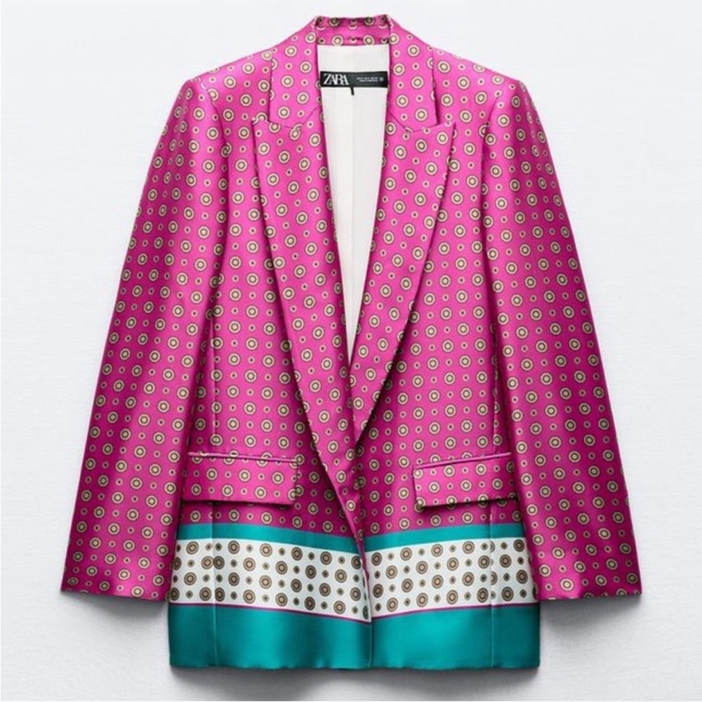 Zara Satin Effect Printed Open Front Blazer Jacket Pink Teal Blue size Small